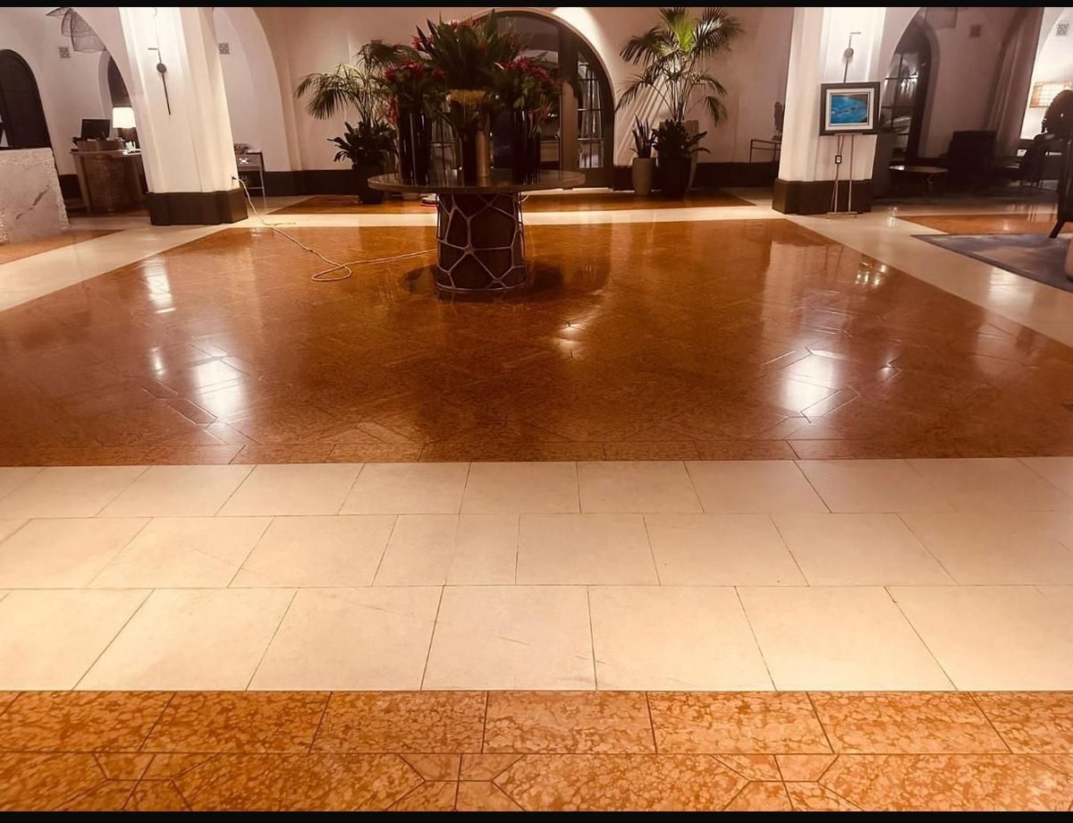 Hotel lobby with a polished stone floor and a central planter